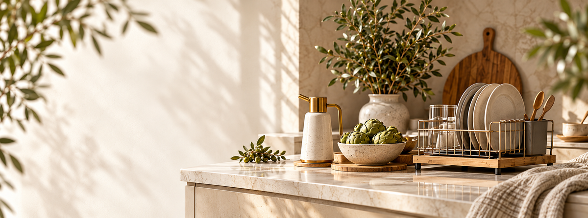 Sunlit cream kitchen with thoughtfully styled home and kitchen essentials