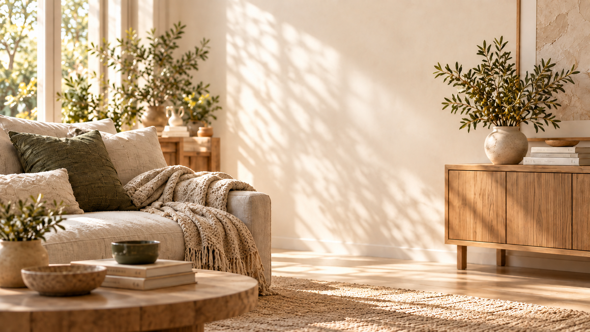 Warm, thoughtfully styled cream living room with natural oak and muted olive accents