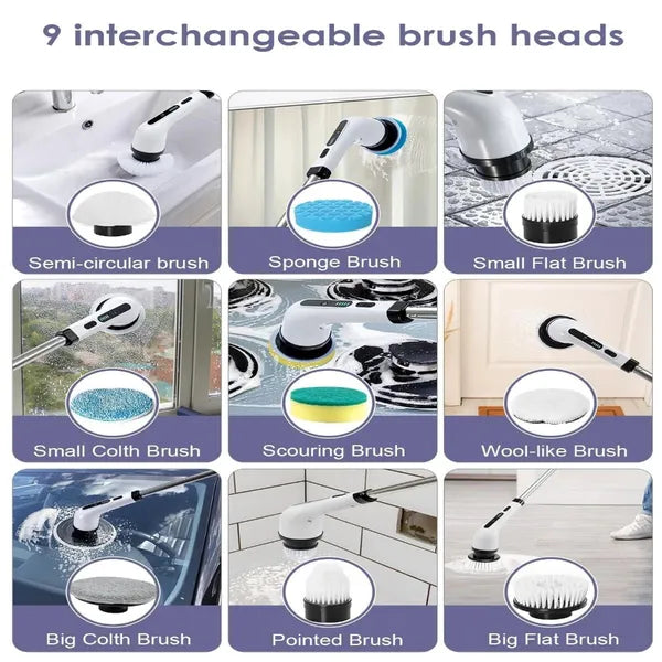 CleanMaster Pro 9 interchangeable brush heads laid out